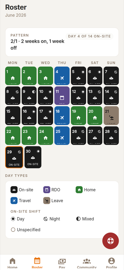 The Muster roster calendar showing a colour-coded swing.