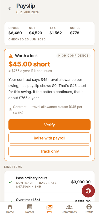 A payslip detail screen in Muster showing line-by-line pay with a flagged item.