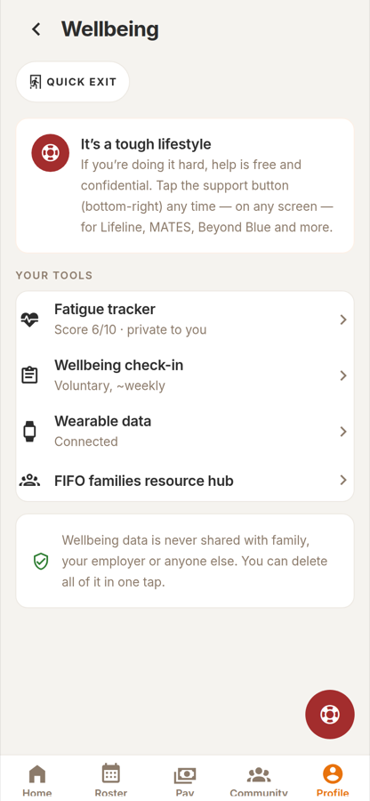 The Muster wellbeing screen with helpline shortcuts.
