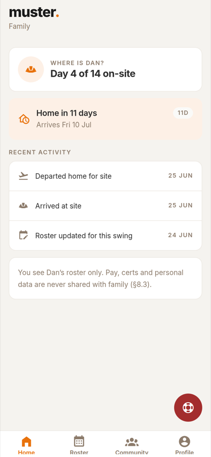 The Muster family home screen showing a partner's swing and next arrival.